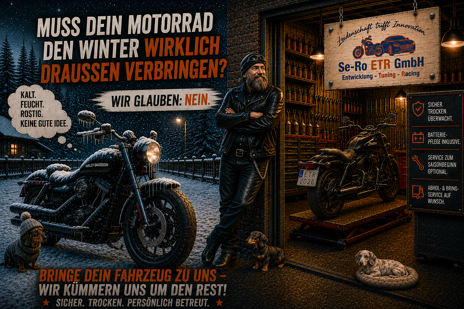 Wintereinlagerung der Se-Ro ETR GmbH: Motorrad im Schnee und sichere Einlagerung in einer warmen Werkstatt